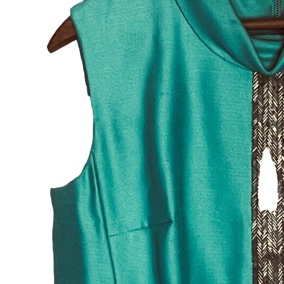 Vintage 60s Size Medium Mod Aqua Shantung Dress Jacket Suit Set Silver Beading - Picture 5 of 16